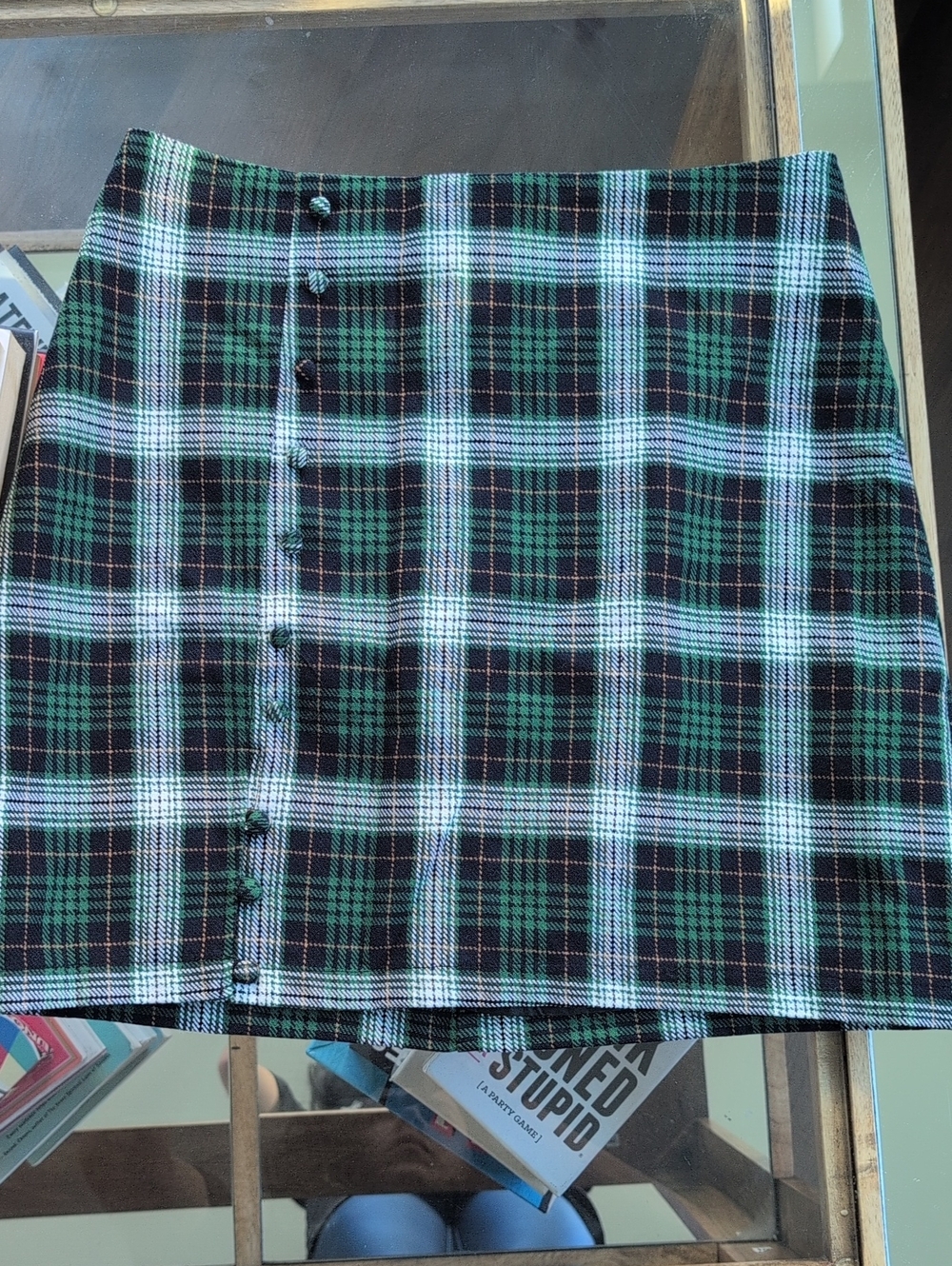 Size M Blue Rain Green & Black Plaid Button-Front Mini Skirt. Fully lined